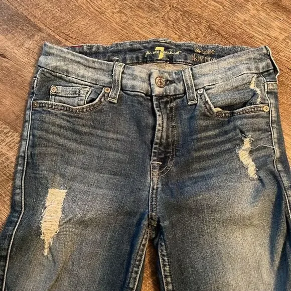 7 For All Mankind Distressed Skinny Jeans Sz 26 Raw Hem Stretch Denim - Picture 8 of 12